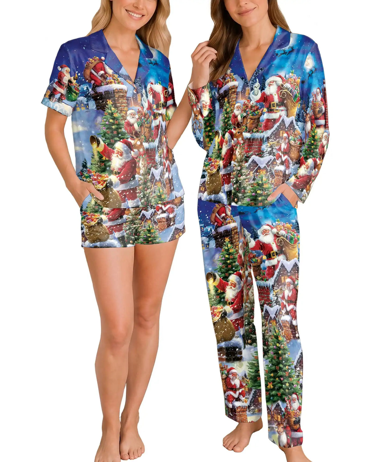 Santa Chimney Christmas Pajama Set for Women – Snowy Rooftop Print
