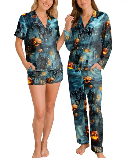 Halloween Pumpkin Pajama Set for Women, Spooky Fall Holiday Sleepwear