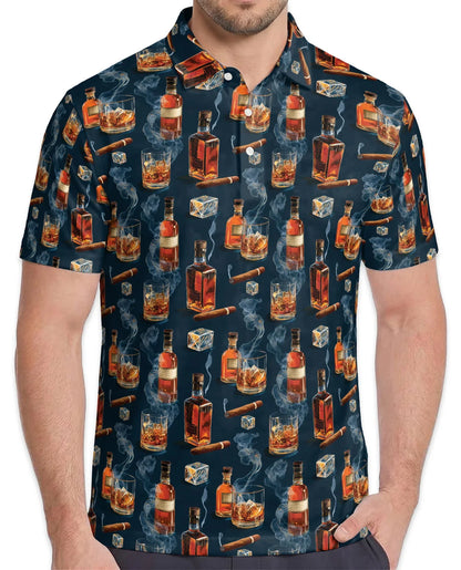 Whiskey and Cigar Pattern Polo Shirt for Men, Vintage Gentleman Style | Azhawaiian