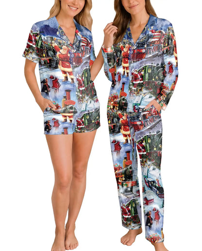 Vintage Christmas Train Pajama Set for Women – Santa Steam Train Print