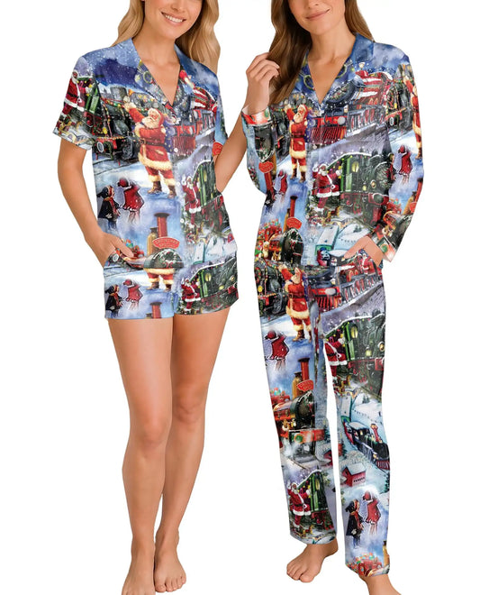 Vintage Christmas Train Pajama Set for Women – Santa Steam Train Print