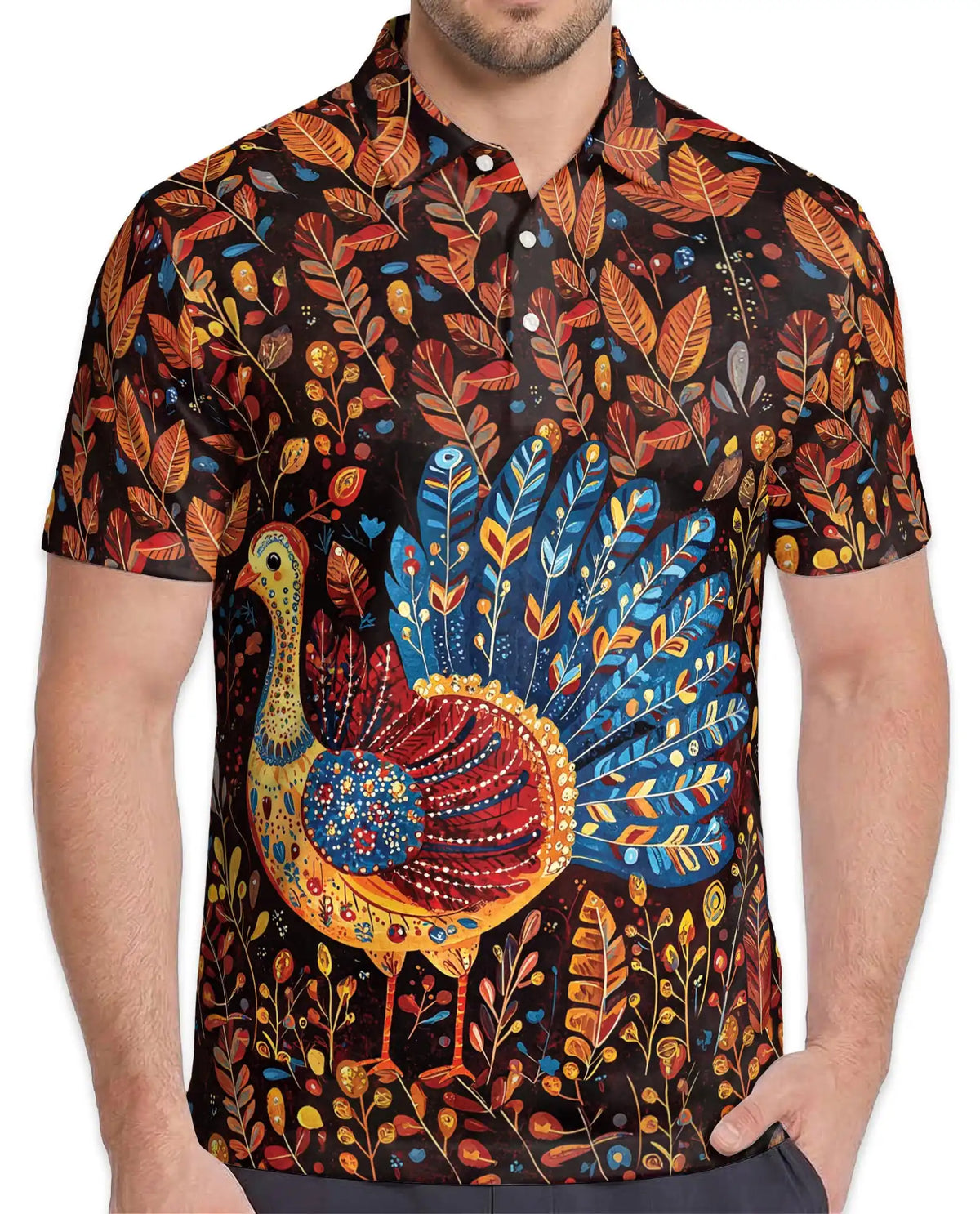 Colorful Peacock Hawaiian Polo Shirt For Men, Exotic Bird Tropical Summer Button Up Shirt