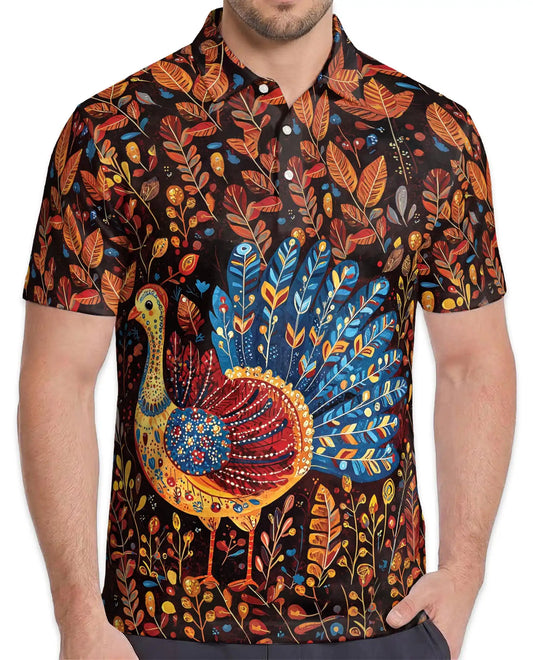 Colorful Peacock Hawaiian Polo Shirt For Men, Exotic Bird Tropical Summer Button Up Shirt