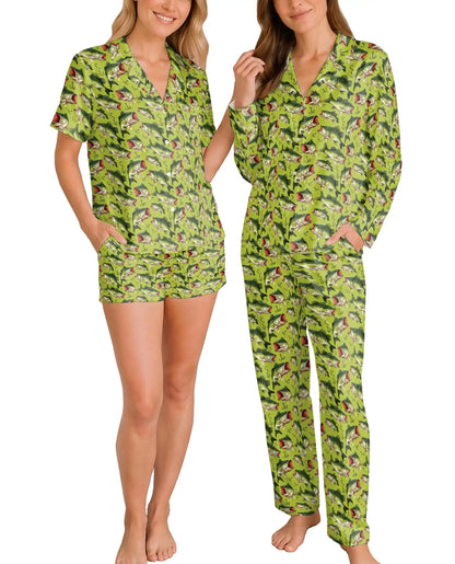 Largemouth Bass Fishing Pajama Set for Women – Green Fish & Hook Print