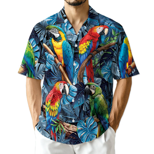 Colorful Parrot Hawaiian Shirt for Men, Button Down Aloha Shirt