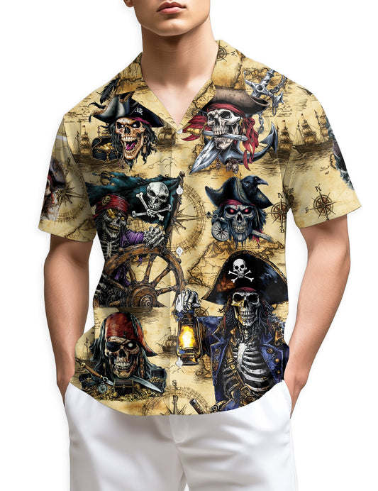 Pirate Skull Treasure Hawaiian Shirt for Men, Button Down Aloha Shirt