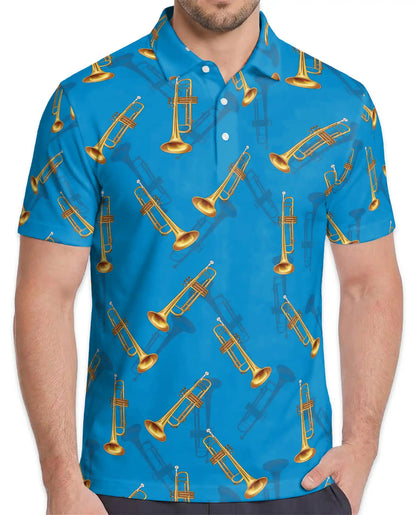 Trumpet Hawaiian Shirt For Men, Blue Music Instrument Pattern Button Up Shirt