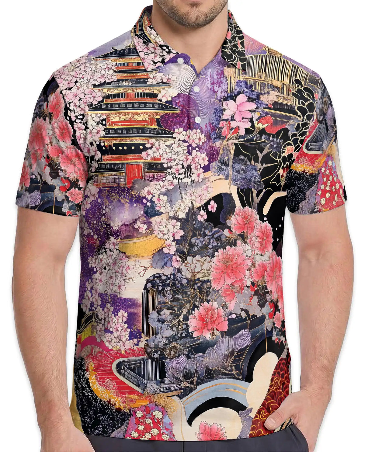 Japanese Sakura Temple Hawaiian Shirt For Men, Vintage Floral Kimono Style Button Up Shirt