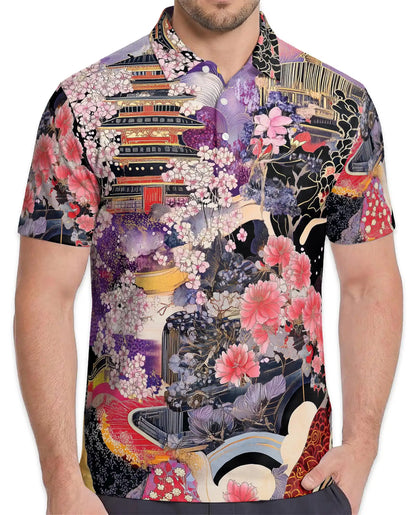 Japanese Sakura Temple Hawaiian Shirt For Men, Vintage Floral Kimono Style Button Up Shirt