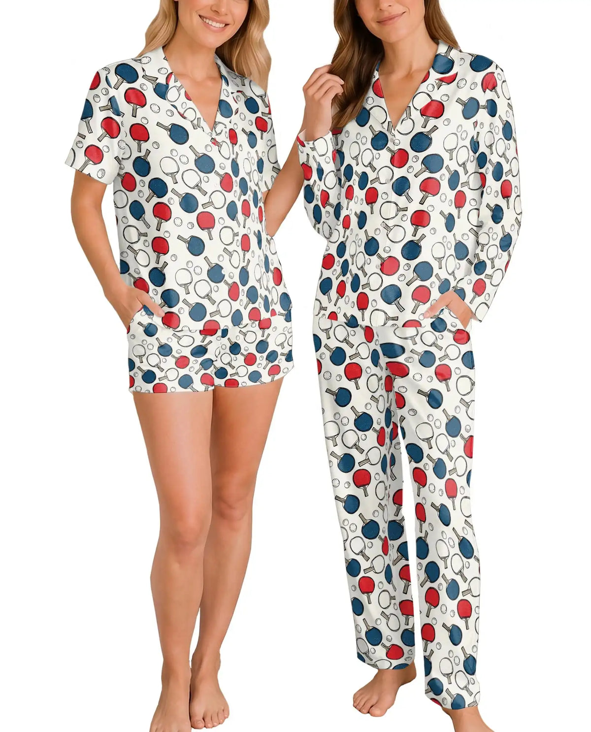 Table Tennis Pajama Set for Women – Red & Blue Ping Pong Paddle Print
