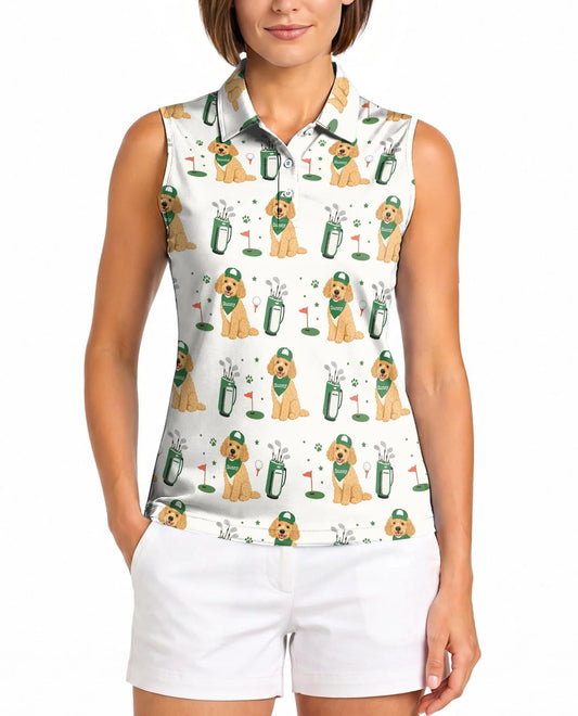Golden Retriever Allover Sleeveless Polo Shirt for Women | Azhawaiian