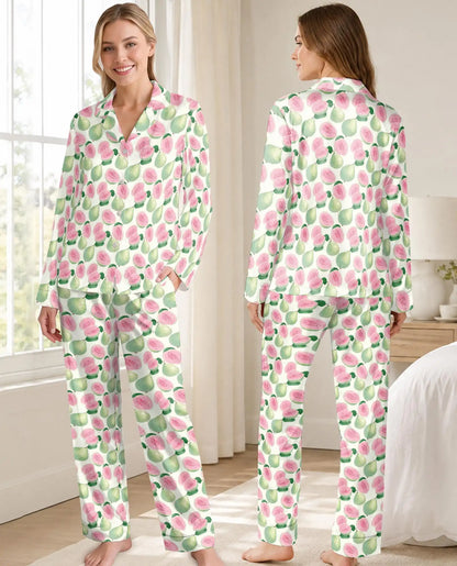Pink Guava Pajama Set for Women – Tropical Fruit Watercolor Print