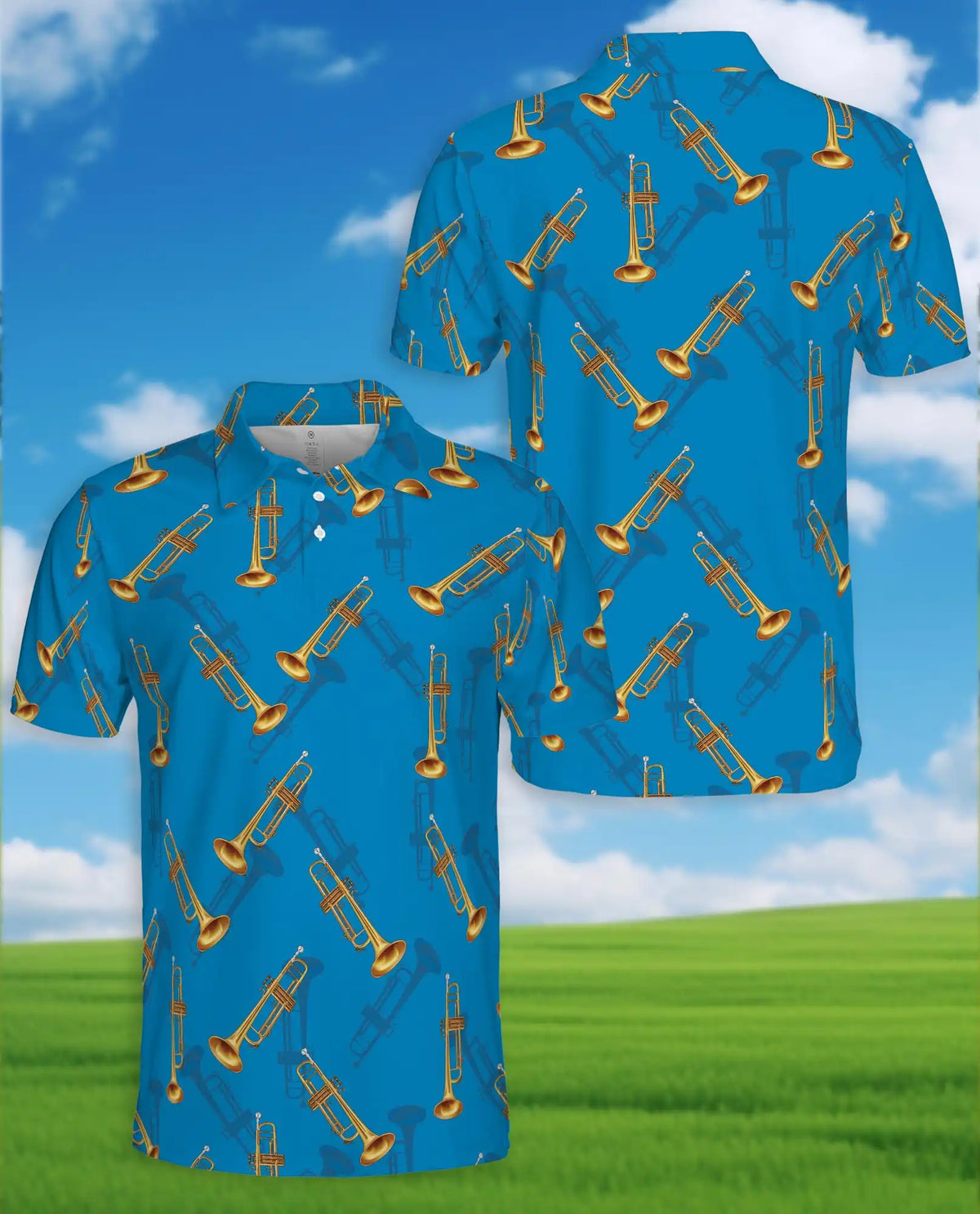 Trumpet Hawaiian Shirt For Men, Blue Music Instrument Pattern Button Up Shirt
