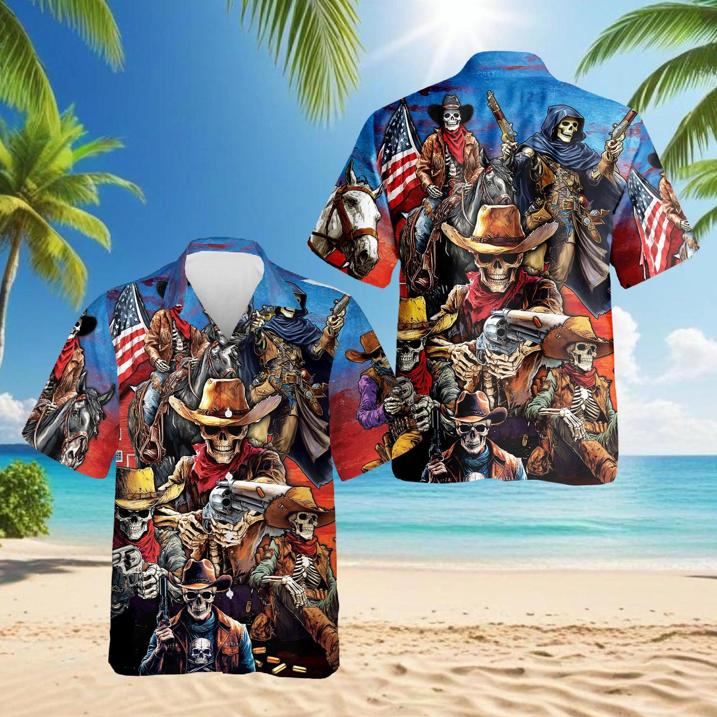 Western Cowboy Skeleton Hawaiian Shirt for Men, Button Down Aloha Shirt - Azhawaiian