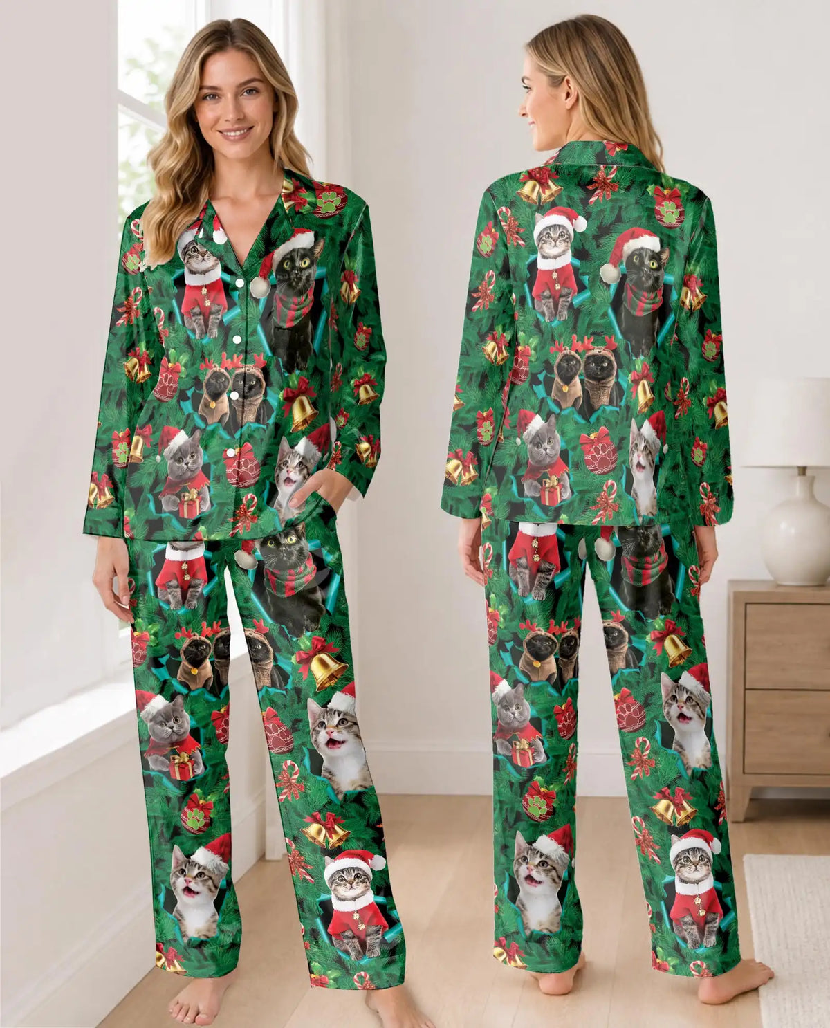 Christmas Cat Pajama Set for Women – Cute Santa Kitty Print