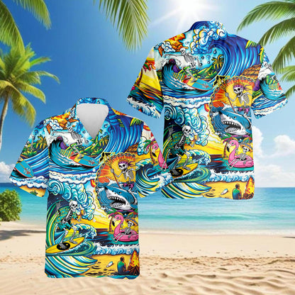 Funny Surfing Skull Art Hawaiian Shirt for Men, Button Down Aloha Shirt - Azhawaiian