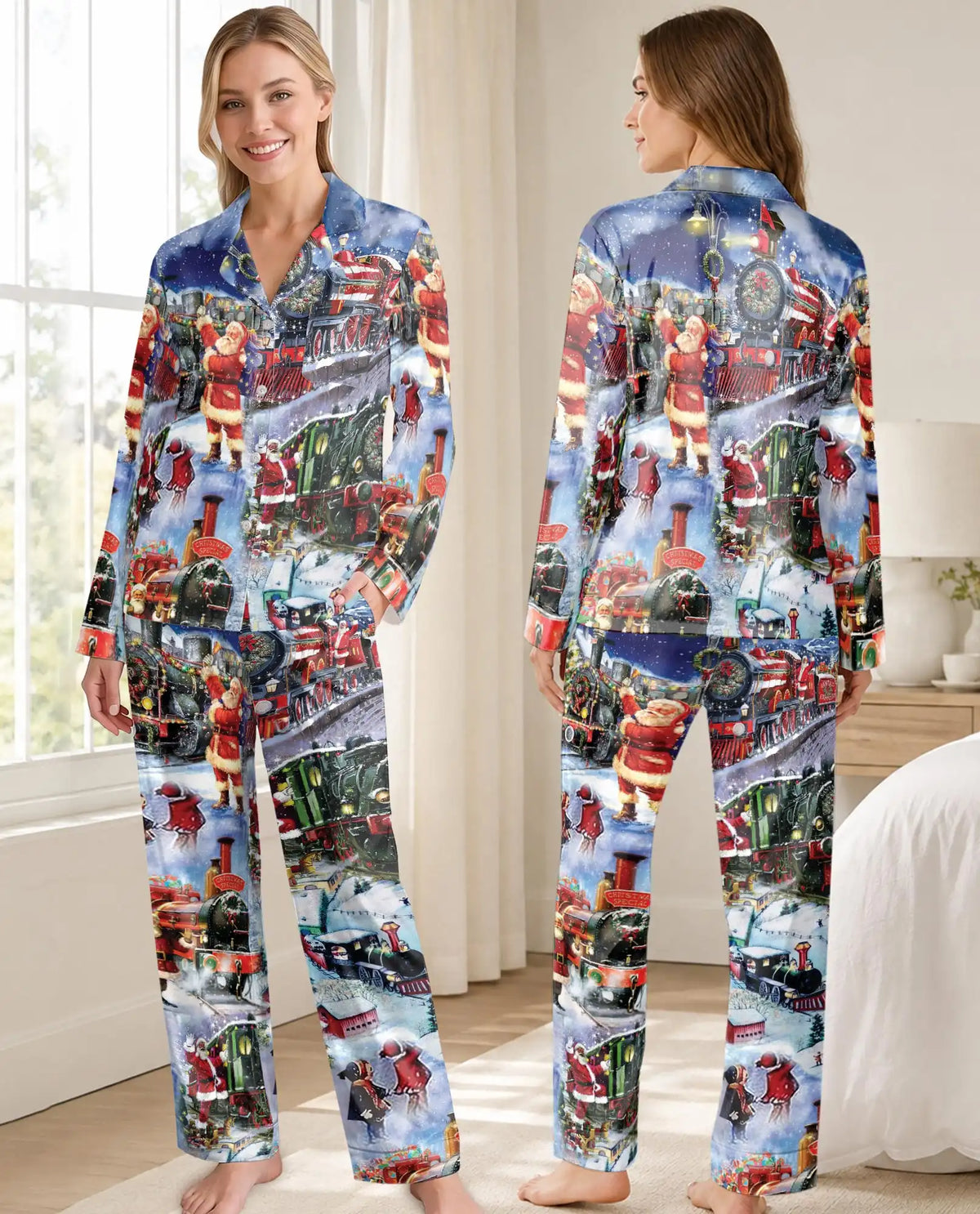 Vintage Christmas Train Pajama Set for Women – Santa Steam Train Print