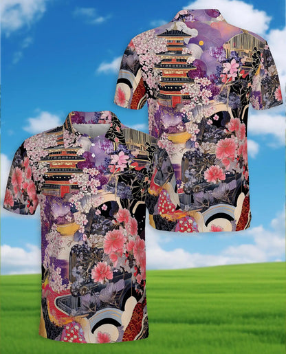 Japanese Sakura Temple Hawaiian Shirt For Men, Vintage Floral Kimono Style Button Up Shirt