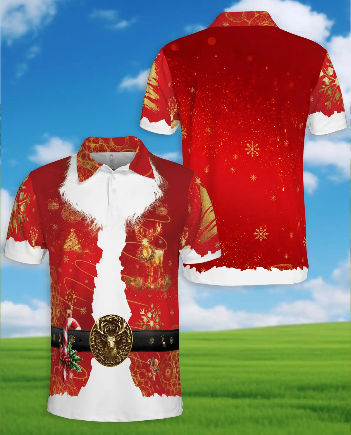 Santa Claus Christmas Hawaiian Polo Shirt For Men, Red Xmas Reindeer Belt Ugly Christmas Button Up Shirt