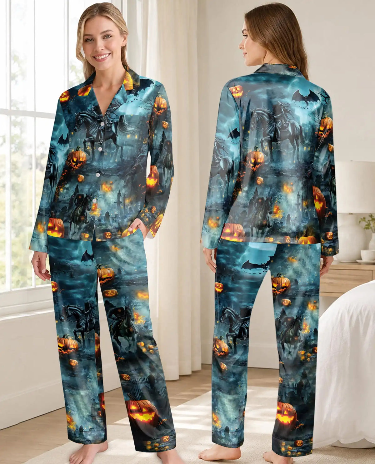 Halloween Pumpkin Pajama Set for Women, Spooky Fall Holiday Sleepwear