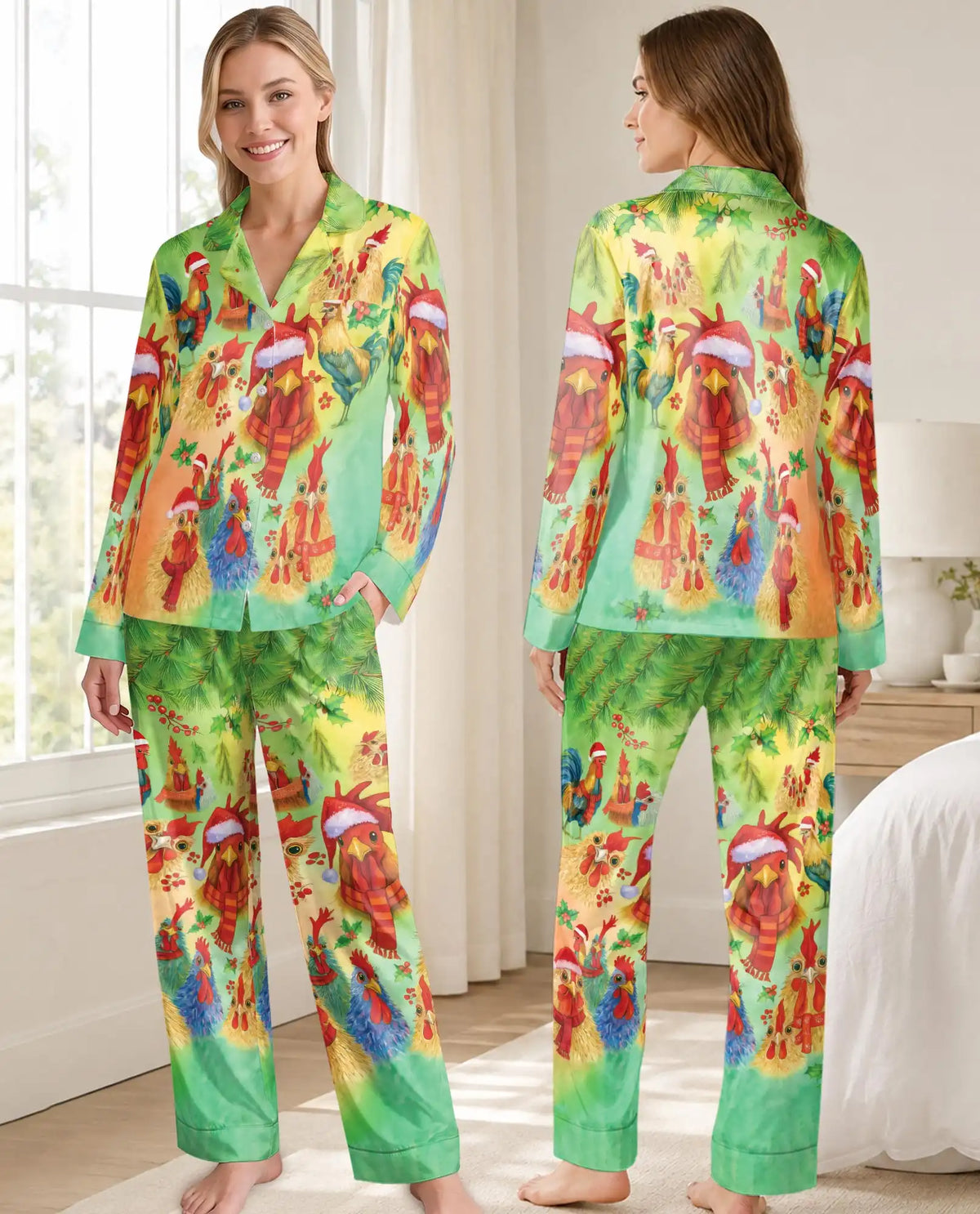 Christmas Chicken Pajama Set for Women, Rooster Holiday Sleepwear with Farmhouse Design