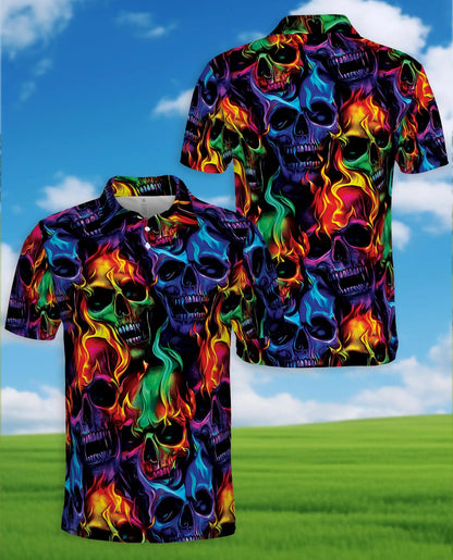 Colorful Skull Hawaiian Shirt For Men, Neon Flame Skeleton Graphic Button Up Shirt