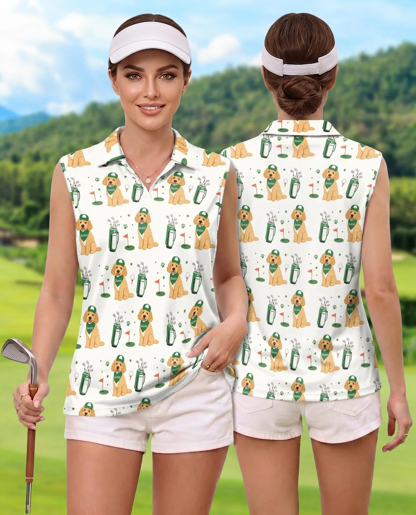 Golden Retriever Allover Sleeveless Polo Shirt for Women | Azhawaiian