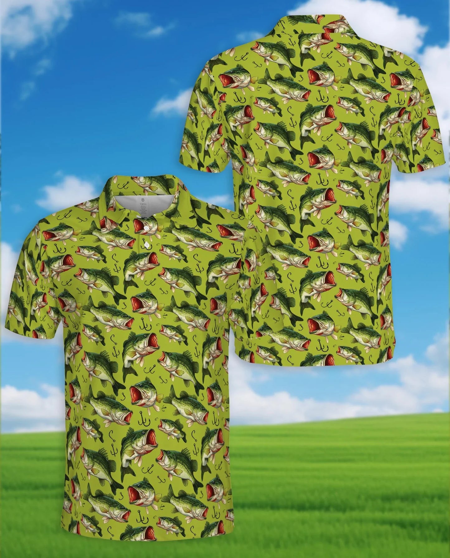 Bass Fishing Pattern Polo Shirt for Men, Outdoor Angler Style | Azhawaiian