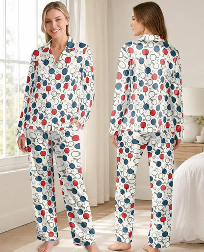 Table Tennis Pajama Set for Women – Red & Blue Ping Pong Paddle Print