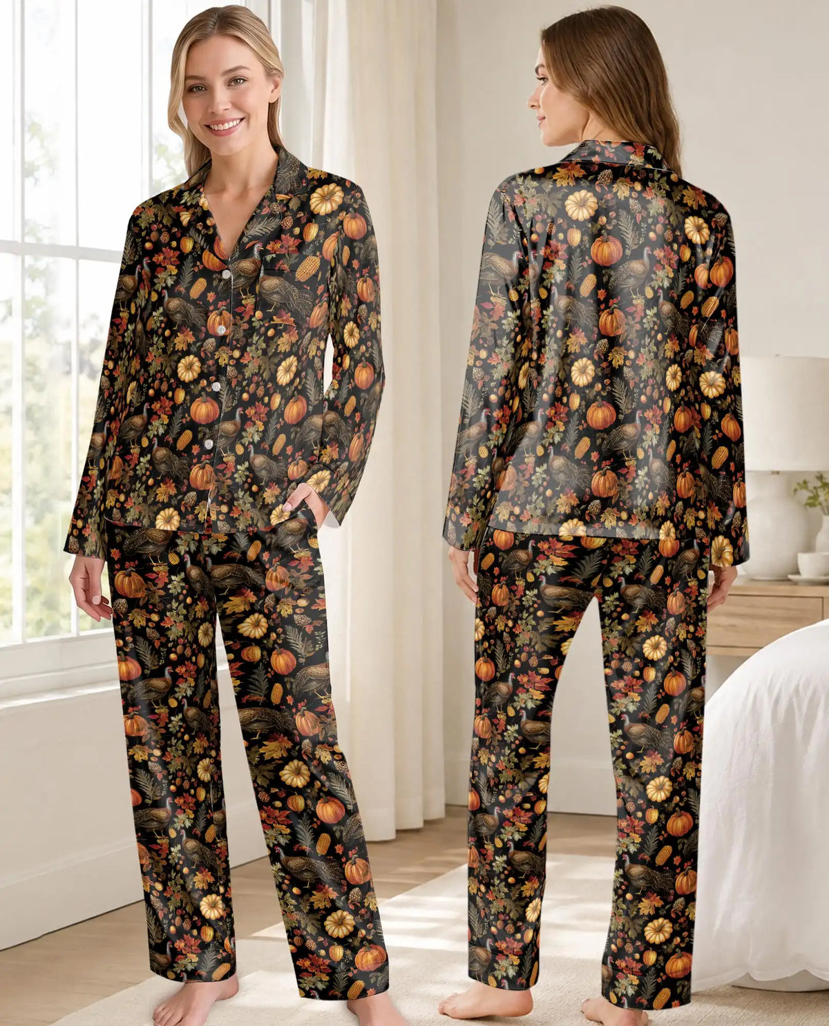 Thanksgiving Turkey Pajama Set for Women – Fall Harvest Print