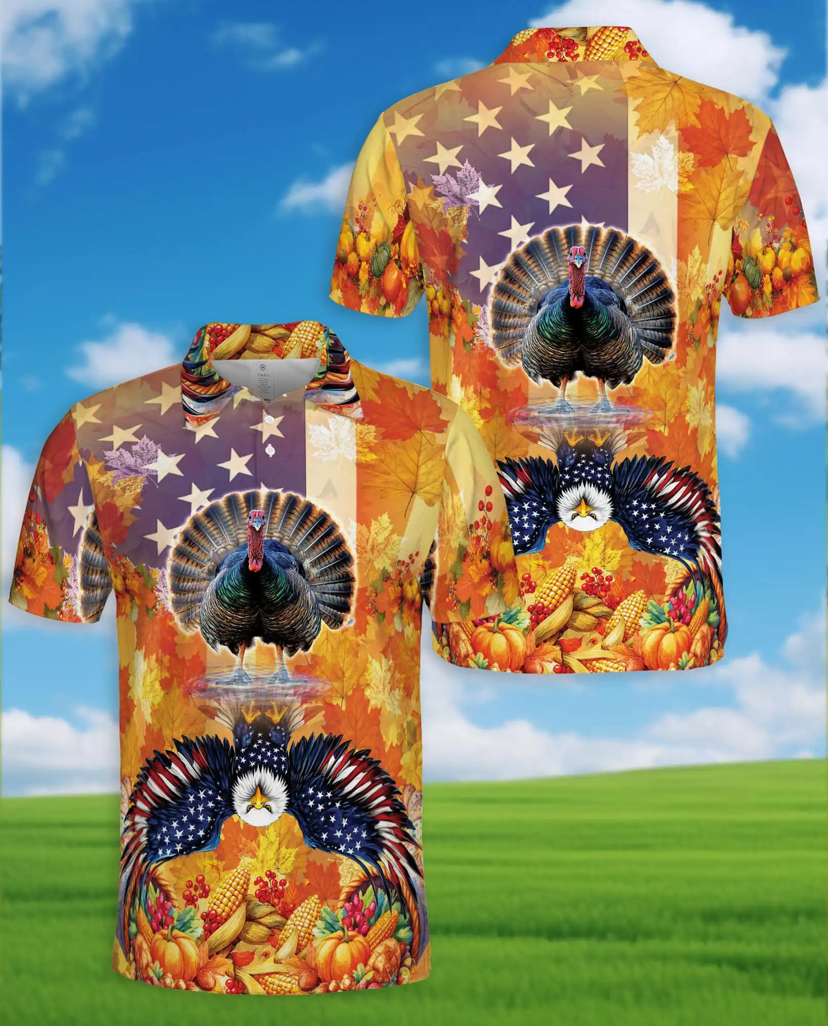 Thanksgiving Turkey American Eagle Hawaiian Polo Shirt For Men, Fall Harvest Patriotic Turkey Aloha Button Up Shirt