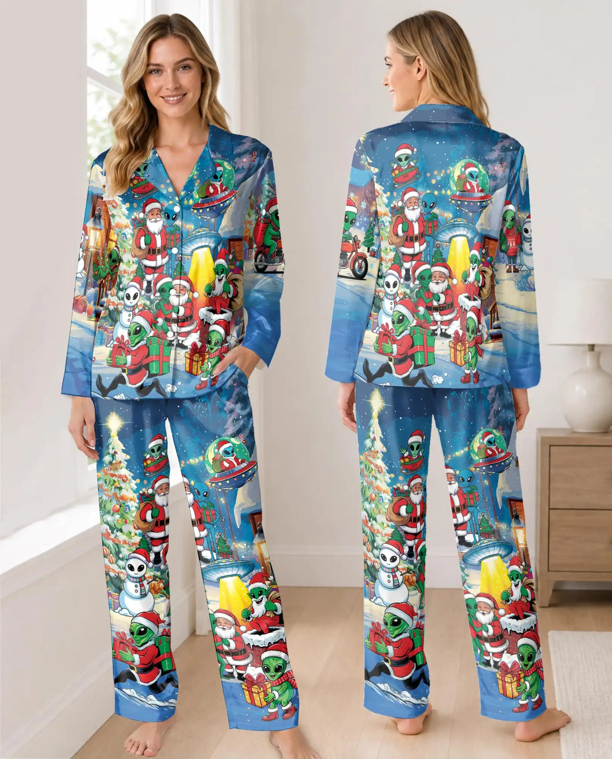 Alien Christmas Pajama Set for Women – Santa & UFO Holiday Print