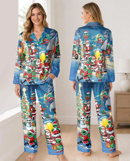 Alien Christmas Pajama Set for Women – Santa & UFO Holiday Print