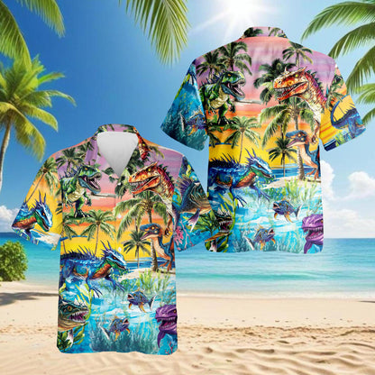 Tropical Dinosaur Hawaiian Shirt for Men, Button Down Aloha Shirt - Azhawaiian