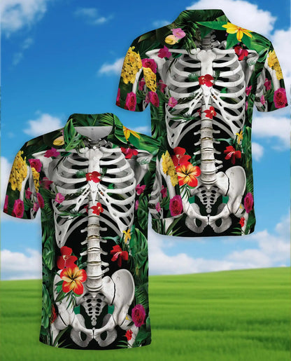 Tropical Skeleton Hawaiian Polo Shirt For Men, Floral Skull Anatomy Bone Aloha Button Up Shirt