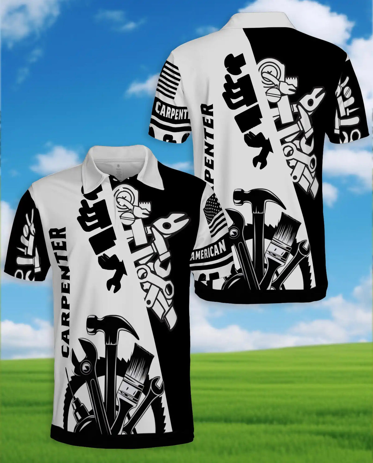 Carpenter Workwear Polo Shirt For Men, Black White Tool Design Graphic Button Up Shirt