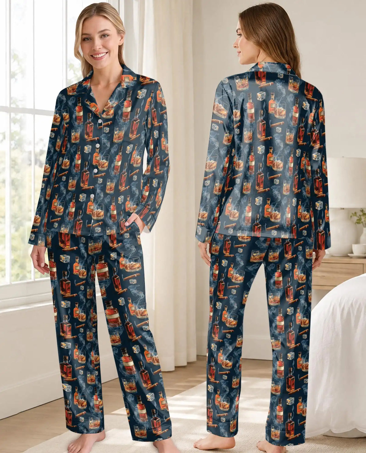 Whiskey and Cigar Pajama Set for Women – Vintage Whiskey Glass & Smoke Print