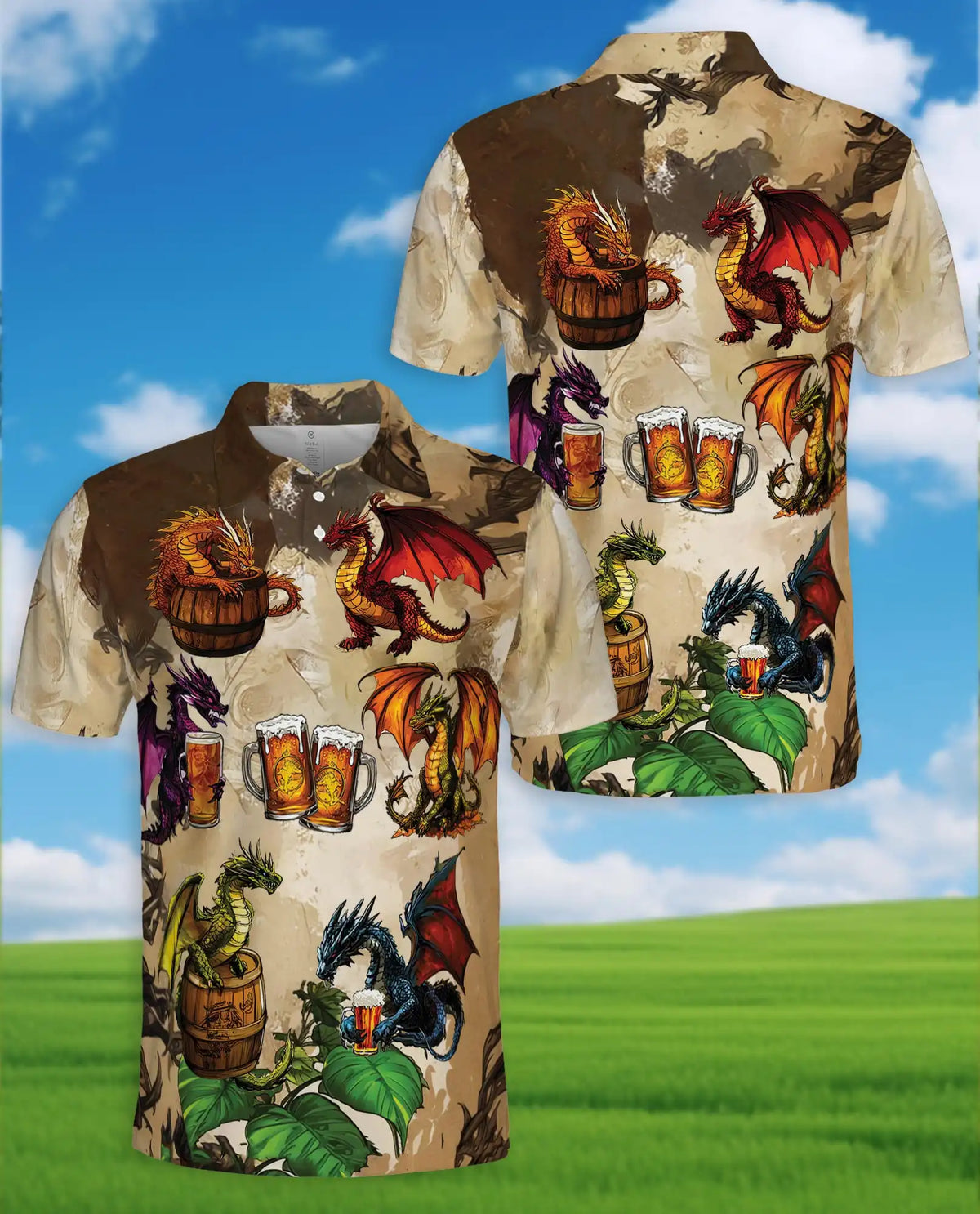 Dragon Beer Hawaiian Polo Shirt For Men, Fantasy Dragon Drinking Beer Tropical Button Up Shirt