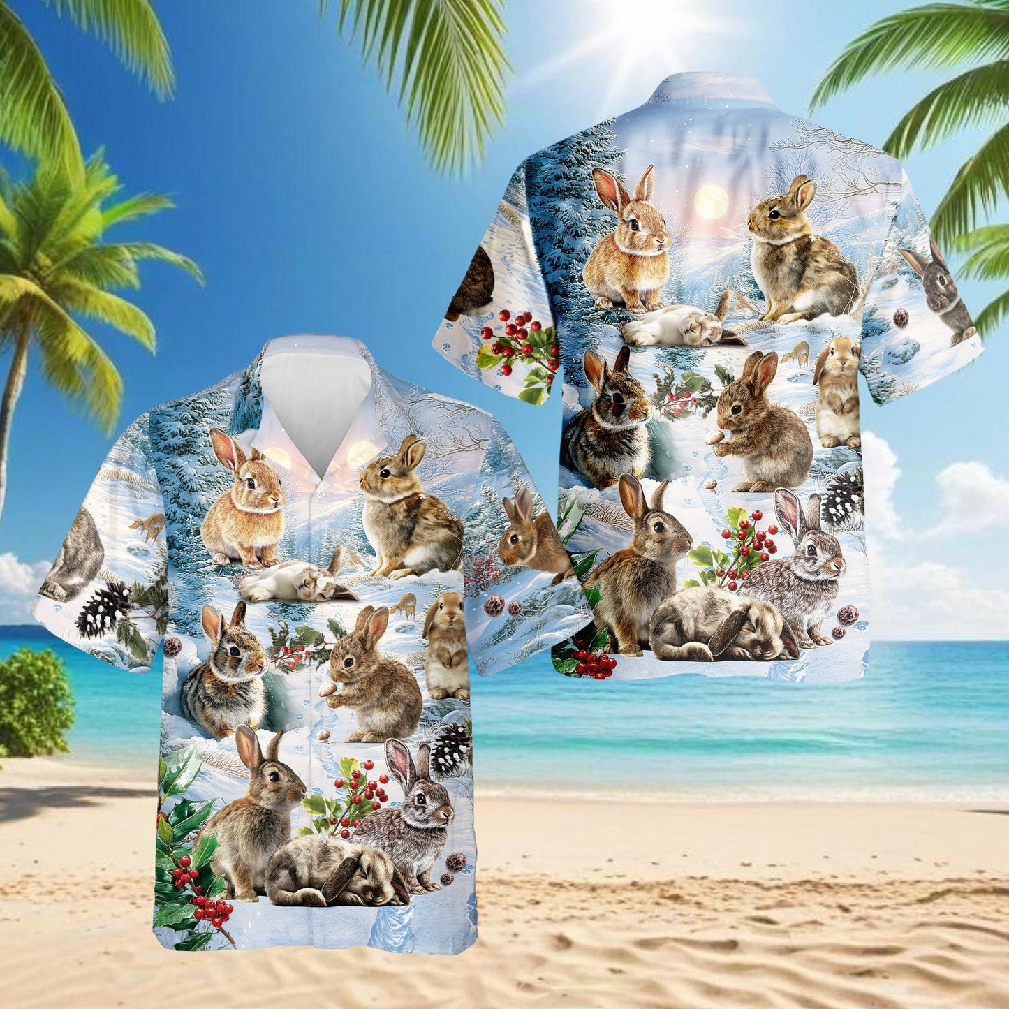 Rabbits in Snow Hawaiian Shirt for Men, Button Down Aloha Shirt - Azhawaiian
