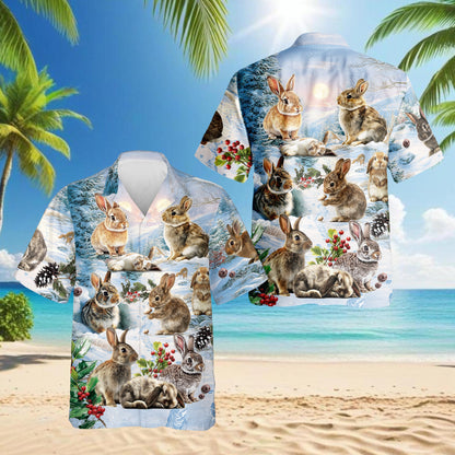 Rabbits in Snow Hawaiian Shirt for Men, Button Down Aloha Shirt - Azhawaiian