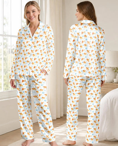 Goldfish Pajama Set for Women – Cute Orange Fish, Blue Starfish & Bubble Print