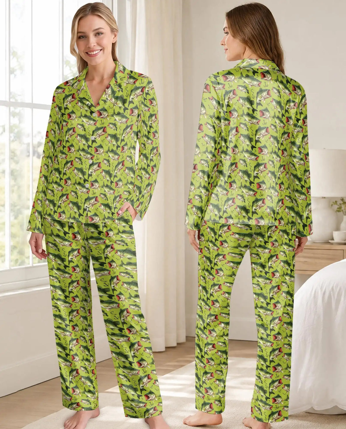 Largemouth Bass Fishing Pajama Set for Women – Green Fish & Hook Print