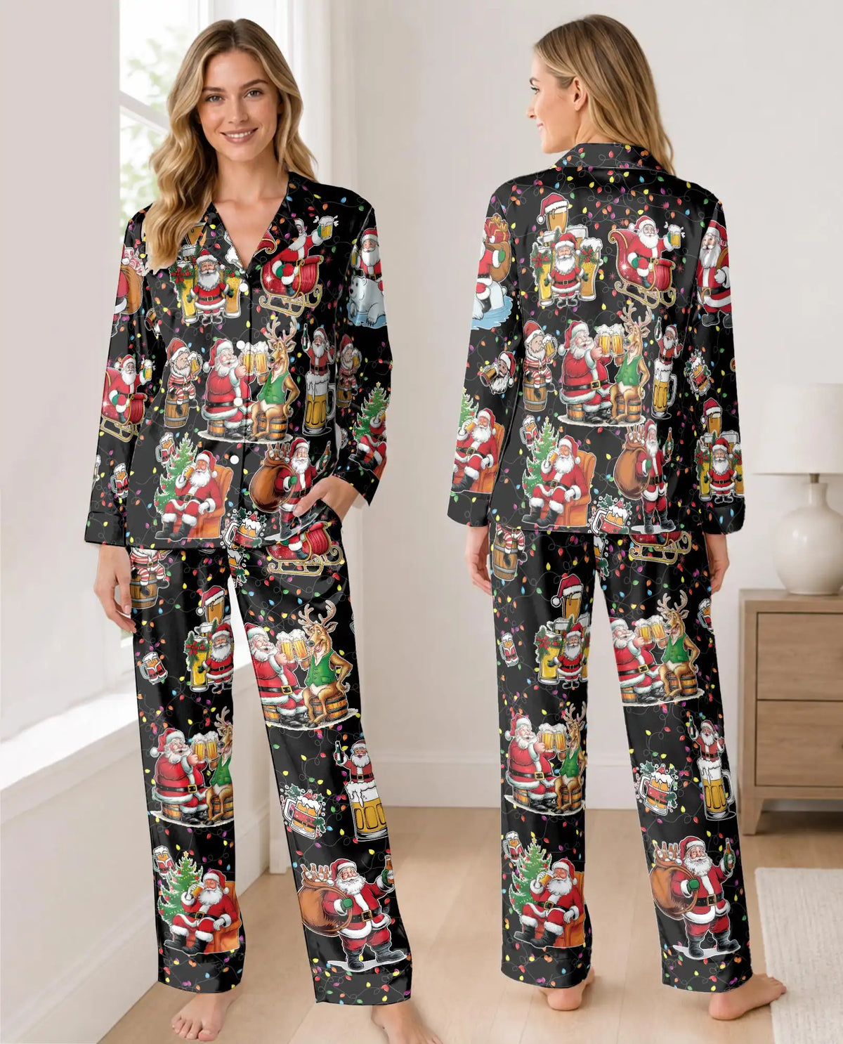 Christmas Beer Santa Pajama Set for Women – Funny Reindeer Print
