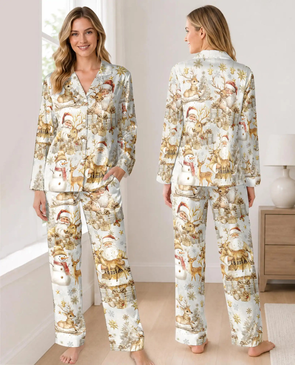 White and Gold Christmas Pajama Set for Women – Santa & Reindeer Print