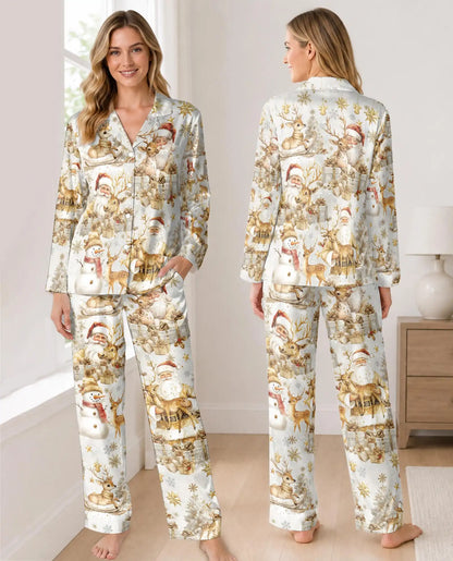 White and Gold Christmas Pajama Set for Women – Santa & Reindeer Print