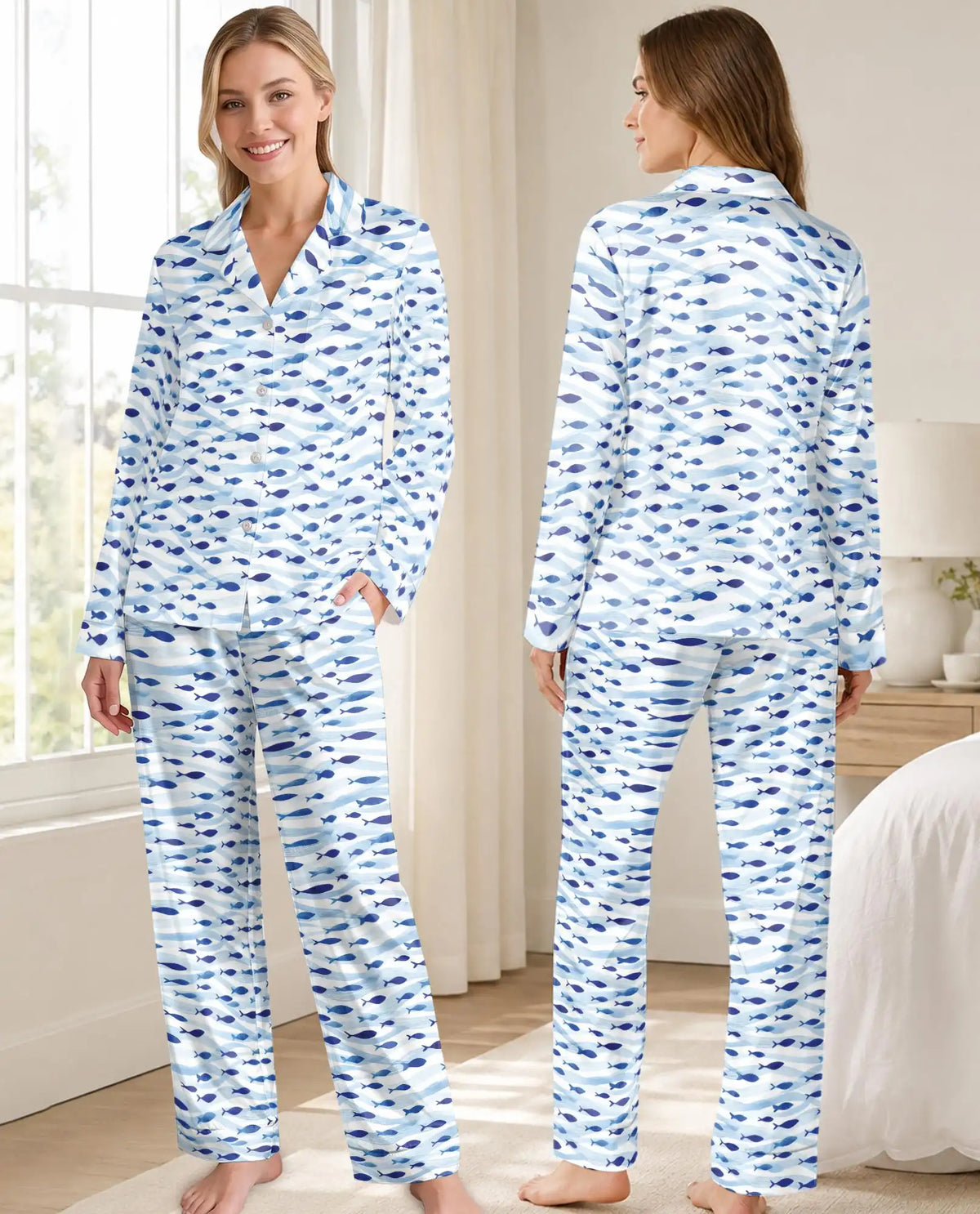 Blue School of Fish Pajama Set for Women – Minimalist Ocean Wave Print