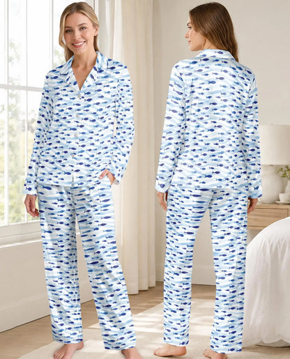 Blue School of Fish Pajama Set for Women – Minimalist Ocean Wave Print