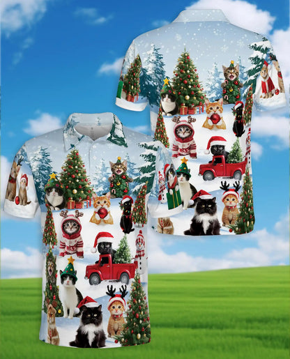 Christmas Cat Hawaiian Polo Shirt For Men, Cute Santa Kitty Holiday Shirt, Winter Snow Cat Lover Gift