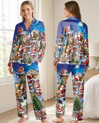 Santa Chimney Christmas Pajama Set for Women – Snowy Rooftop Print