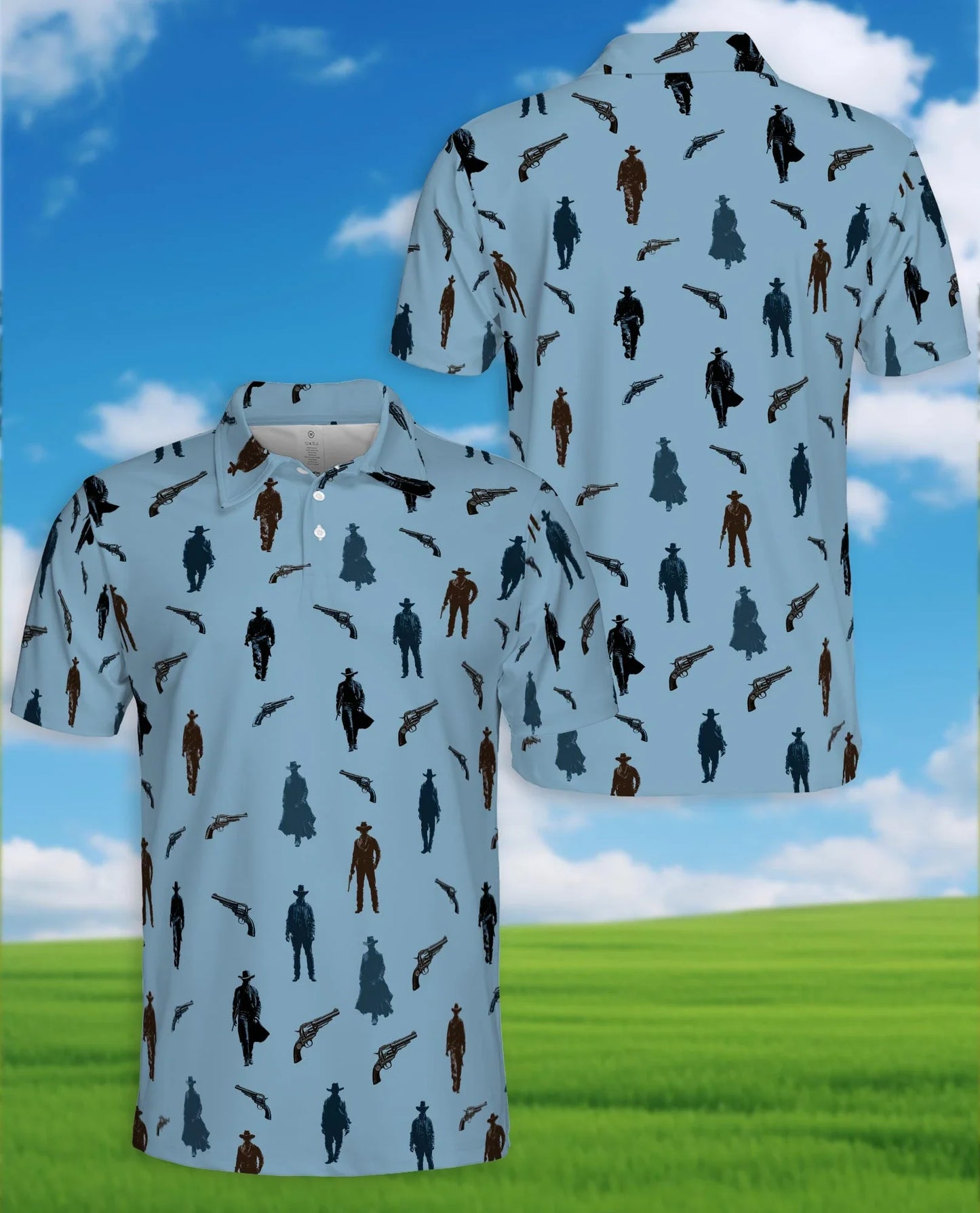 Cowboy Silhouette Pattern Polo Shirt for Men, Western Ranch Style | Azhawaiian